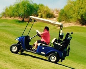 Young man in a red t-shirt drives a canopied blue golf cart across the green hills.