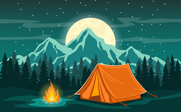 a tent and campfire; mountains and pine trees in the background