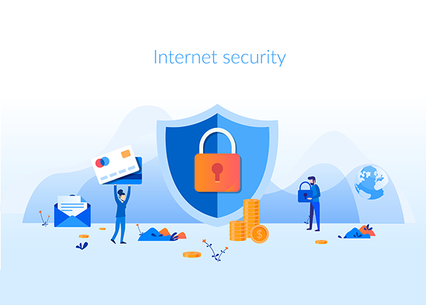 a shield with a lock, a woman carrying giant credit cards, a man carrying a lock; the words "Internet Security"
