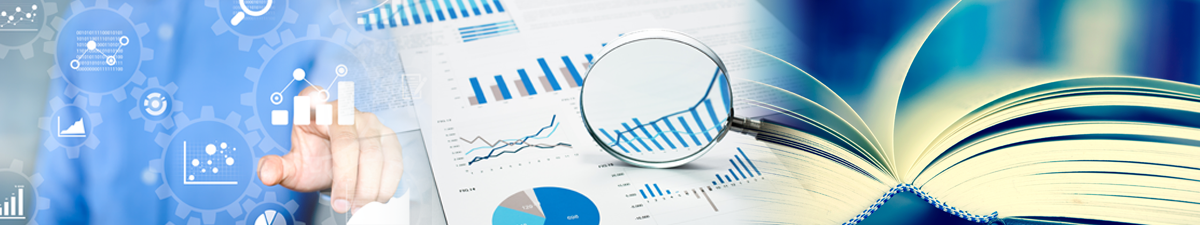 a man's finger points at a bar chart; a magnifying glass over a bar chart; an open book