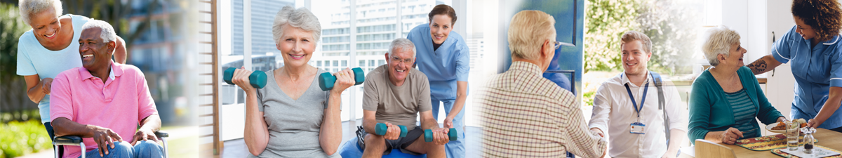 a young man pushes an older man in wheelchair, older man and woman lifting weights, nurse visiting older man at home