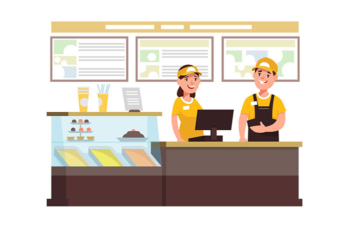 Illustration of two employees wearing yellow shirts and hats stand smiling behind a restaurant counter. One is giving a thumbs-up.