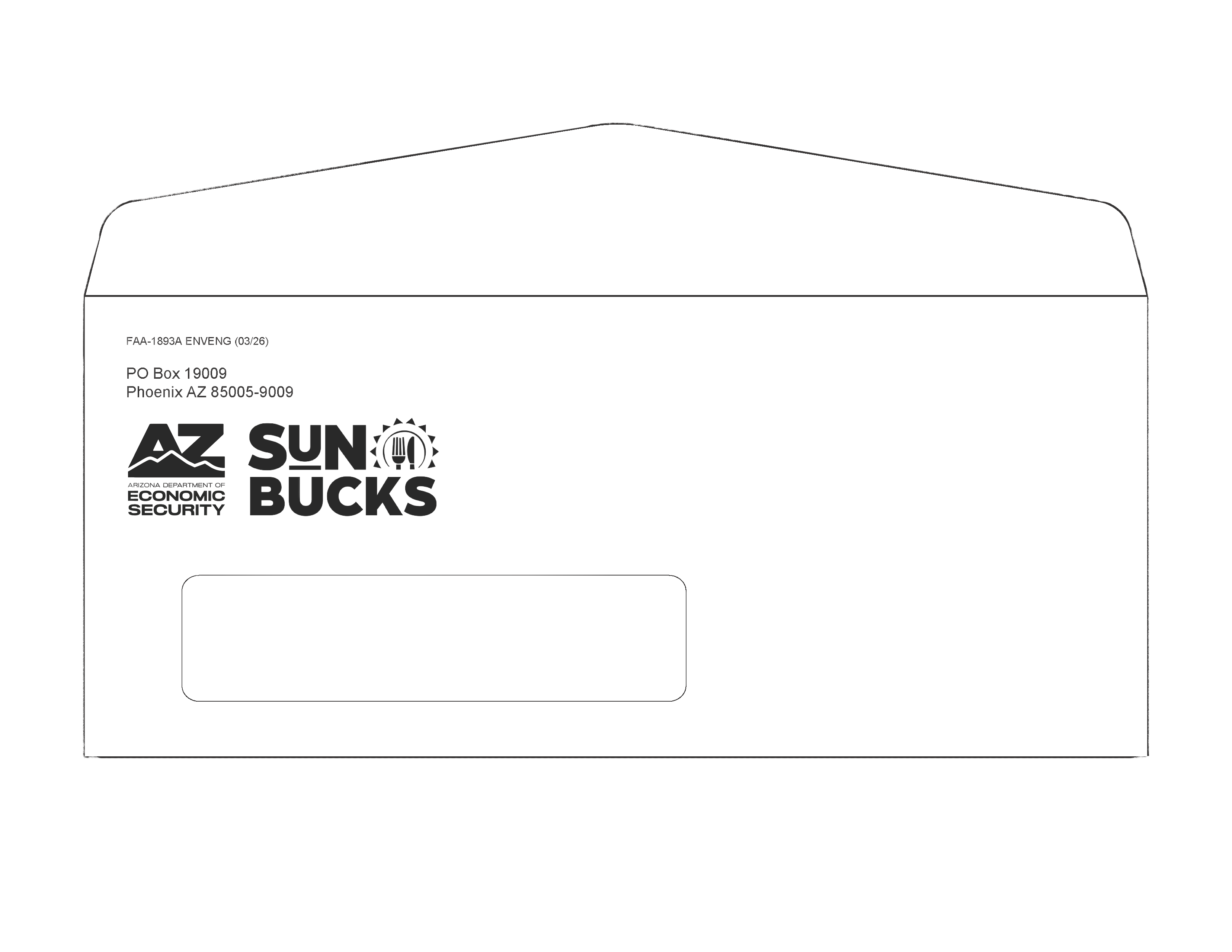 An envelope with a PO Box address in the left corner, followed by the DES logo and the SUN Bucks logo in black and white.