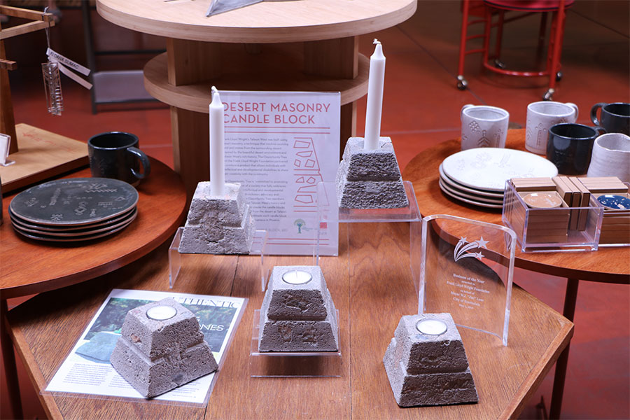  display of masonry candle blocks with taper candles and tea lights at the Frank Lloyd Wright gift shop in Scottsdale.