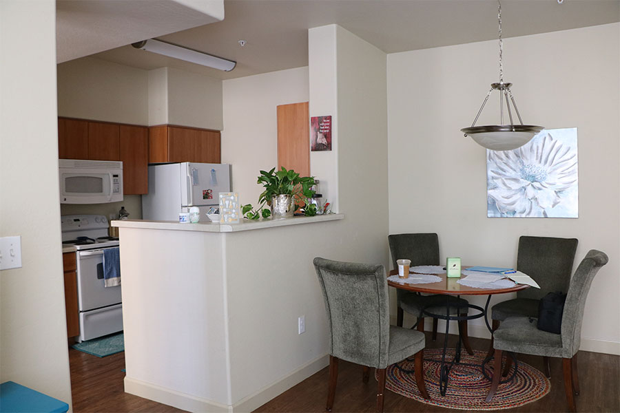 Dining area and kitchen.