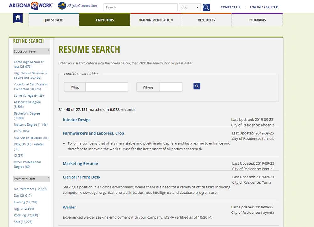 screenshot of Resume Search page on Arizona Job Connection website