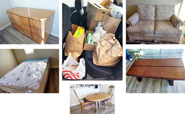 A montage of six photos of donated furniture and food.