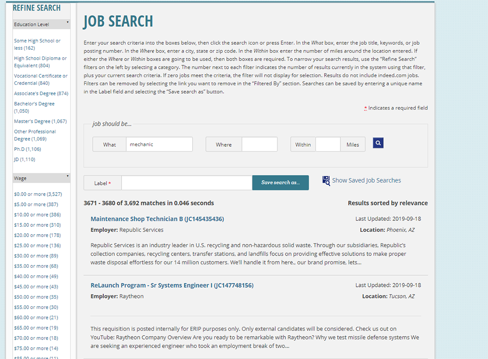screenshot of Job Search page on Arizona Job Connection