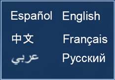 Language Assistance image showing the name of 6 languages: English, Espanol, French, Chinese, Russian and Arabic