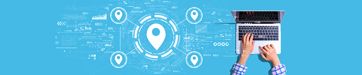 A person searching for nearby offices on a laptop, illustrated with floating map markers.