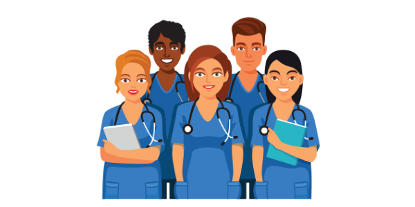 An illustration of two men and three women in scrubs standing with stethoscopes around their necks.