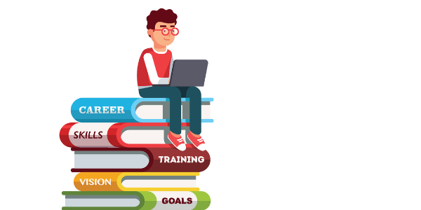 An illustration of a boy sitting with a laptop on top of an oversized stack of books. The spines of the books read, “Career,” “Skills,” “Training,” “Vision,” and “Goals.”