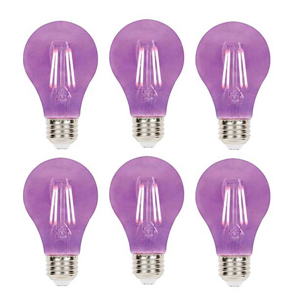 six purple light bulbs organized into two rows