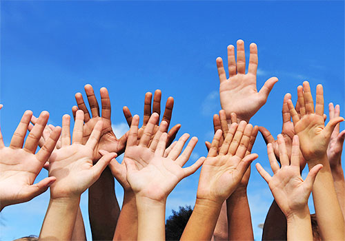 group of raised hands