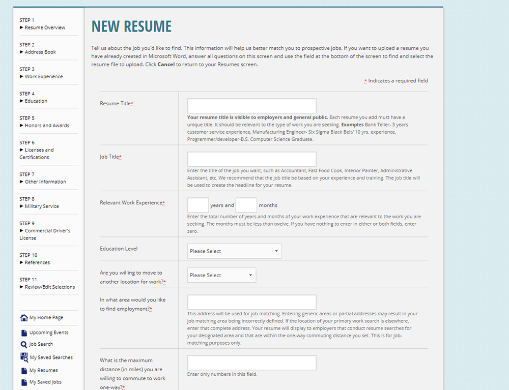 screenshot of New Resume page on Arizona Job Connection website