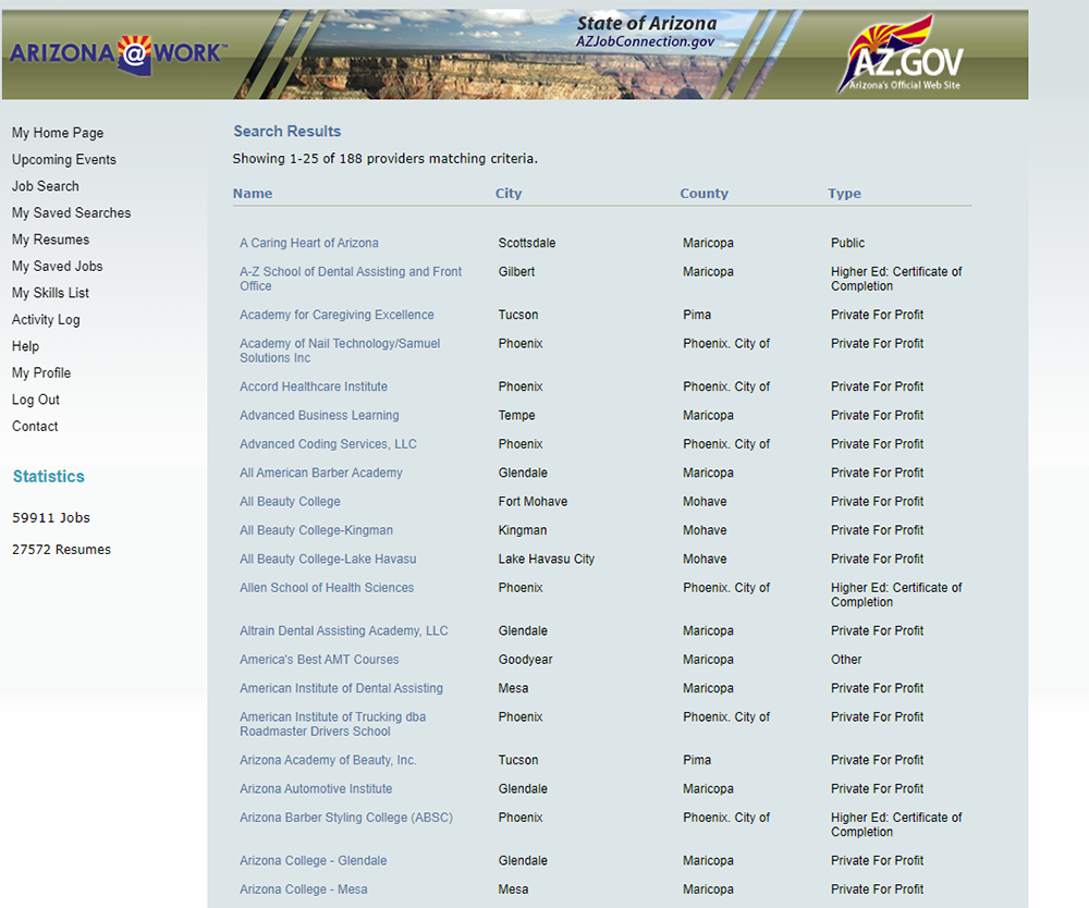 screenshot of Search Results page