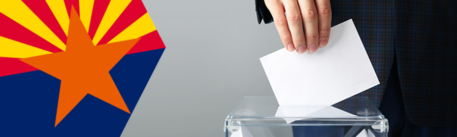person dropping ballot in a box next to Arizona state flag