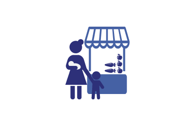 silhouettes of woman with children at produce stand
