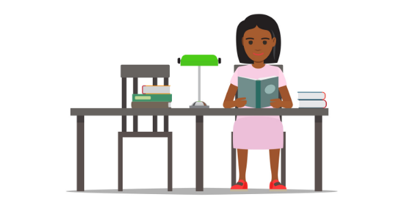 An illustration of a girl sitting at a table reading a book, with several other books stacked on top of the table.