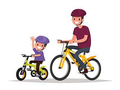 a father and son riding bicycles
