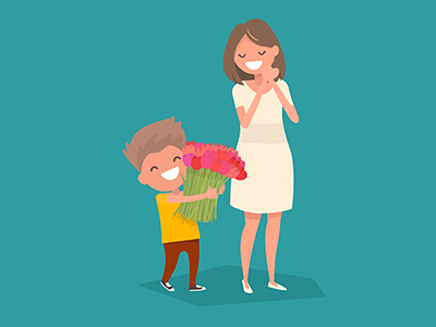 a boy giving a bouquet of tulips to his mother