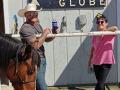 Man in cowboy hat and woman lean against a hitching post behind a Mustang horse.
