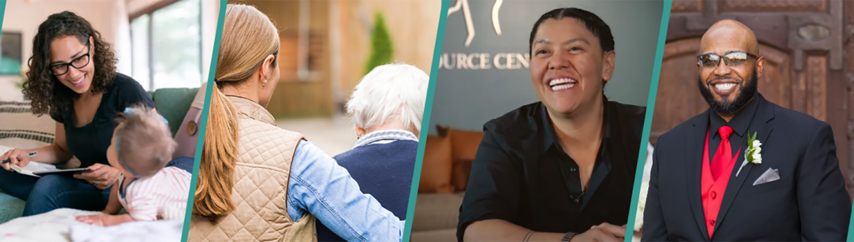 A collage of four images showing diverse individuals smiling in different settings.