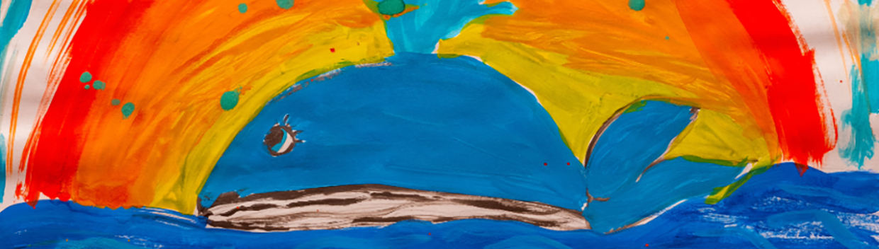 A colorful drawing of a blue whale swimming in the ocean, with a vibrant sunset in orange and yellow