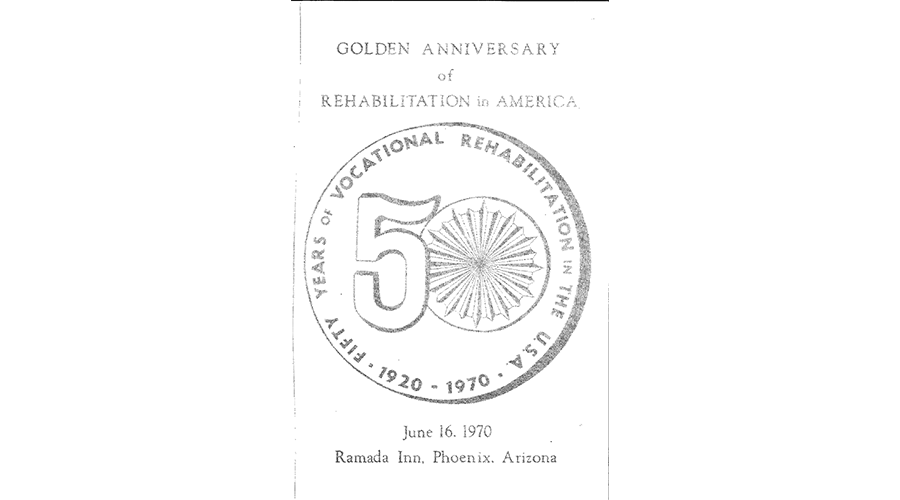 a old flyer reads "Golden Anniversary of Rehabilitation in America"