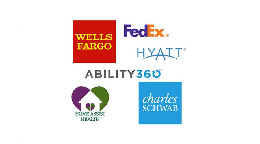 Logos for Wells Fargo, FedEx, Hyatt, Ability 360, Home Assist Health, and Charles Schwab