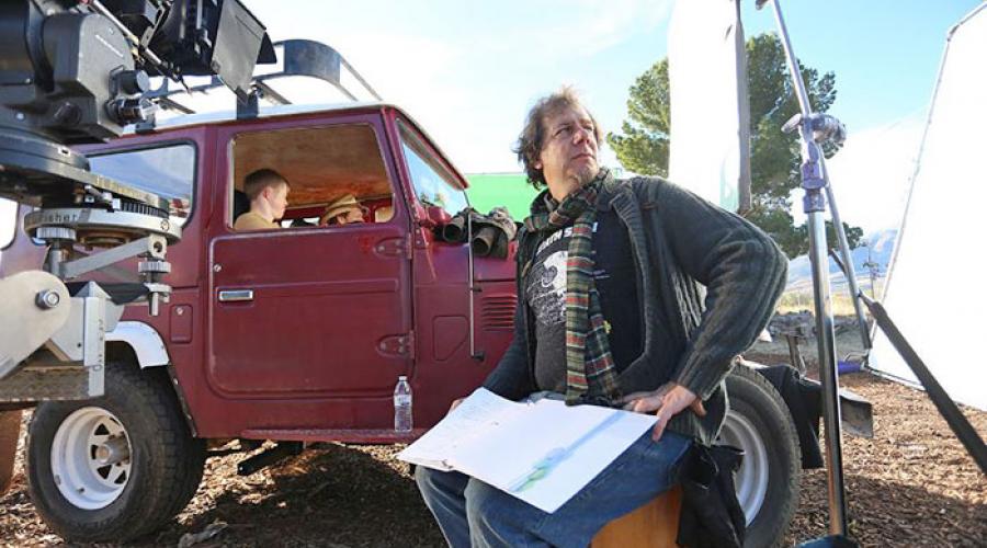 a man sits in a movie set