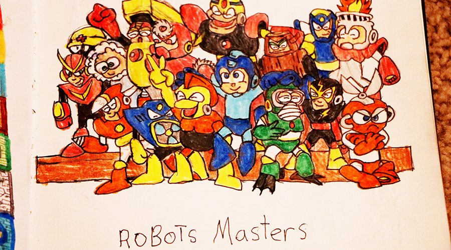 a colorful drawing of various action figures done in pencil