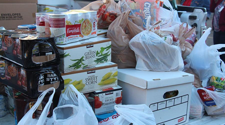 boxes and bags of canned food items