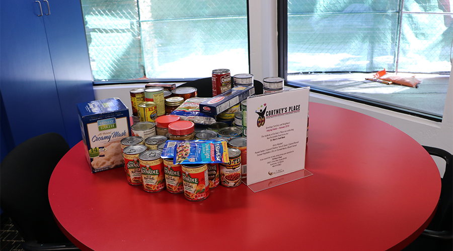 an assortment of canned and boxed food items are displayed on top of a round, red table-top