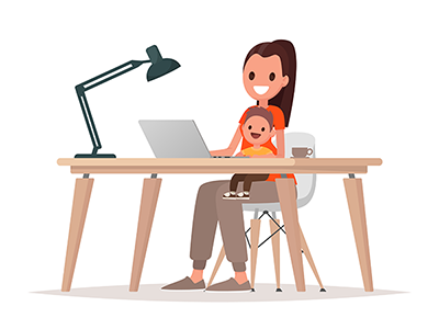a woman sits at a desk typing on a laptop, holding a small child on her lap